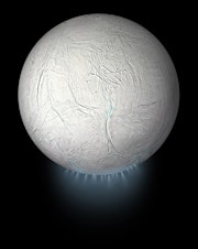 caption: This illustration shows Saturn's icy moon Enceladus with a plume of ice particles, water vapor, and organic molecules that sprays from fractures in the moon's south polar region.