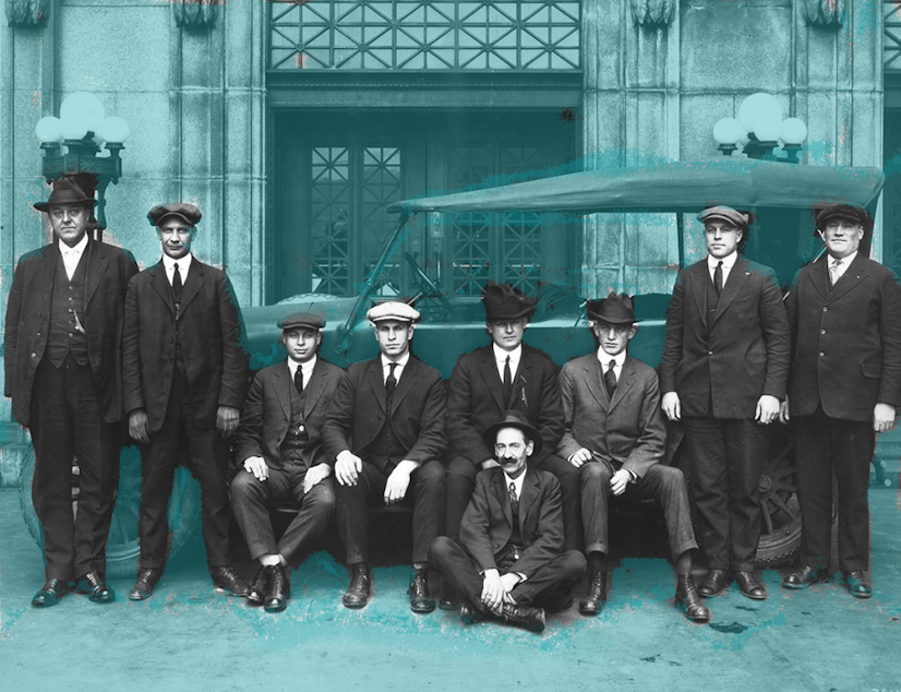 caption: Horace Cayton Jr., who was later a famous sociologist, was the first black deputy in Seattle. Above, Seattle police officers from the 1930s, when he joined the force.