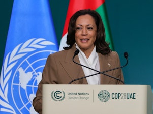 caption: Vice President Harris speaks to leaders at the United Nations climate summit in Dubai on Dec. 2, 2023.