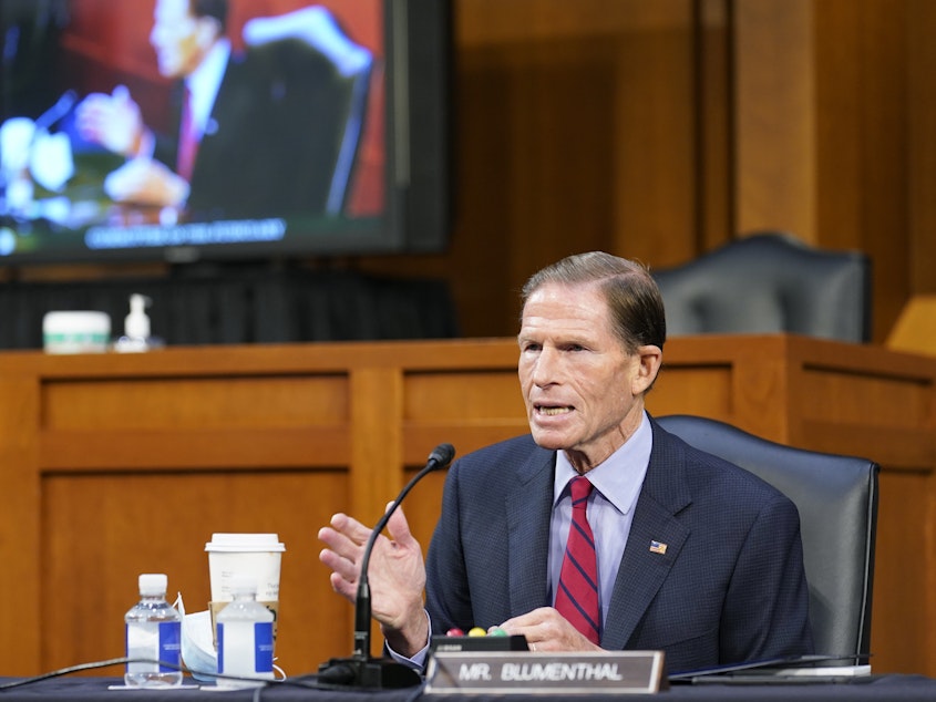 caption: Sen. Richard Blumenthal, D-Conn., speaks before the Senate Judiciary Committee during the confirmation hearing for nominee Amy Coney Barrett on Thursday.
