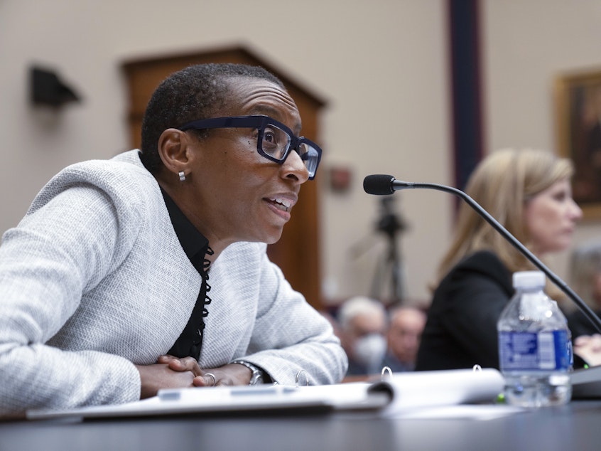 caption: Harvard President Claudine Gay speaks about antisemitism on campus during a hearing of the House Committee on Education on Capitol Hill on Dec. 5.