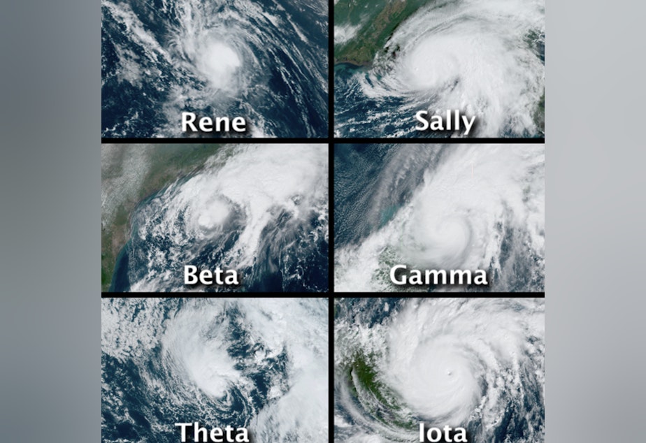 caption: This combination of satellite images provided by the National Hurricane Center shows the 30 named storms that developed during the 2020 Atlantic hurricane season.
