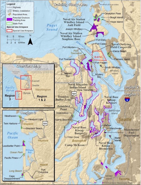 caption: Washington State Parks and other locations proposed for Navy SEAL training shown in purple