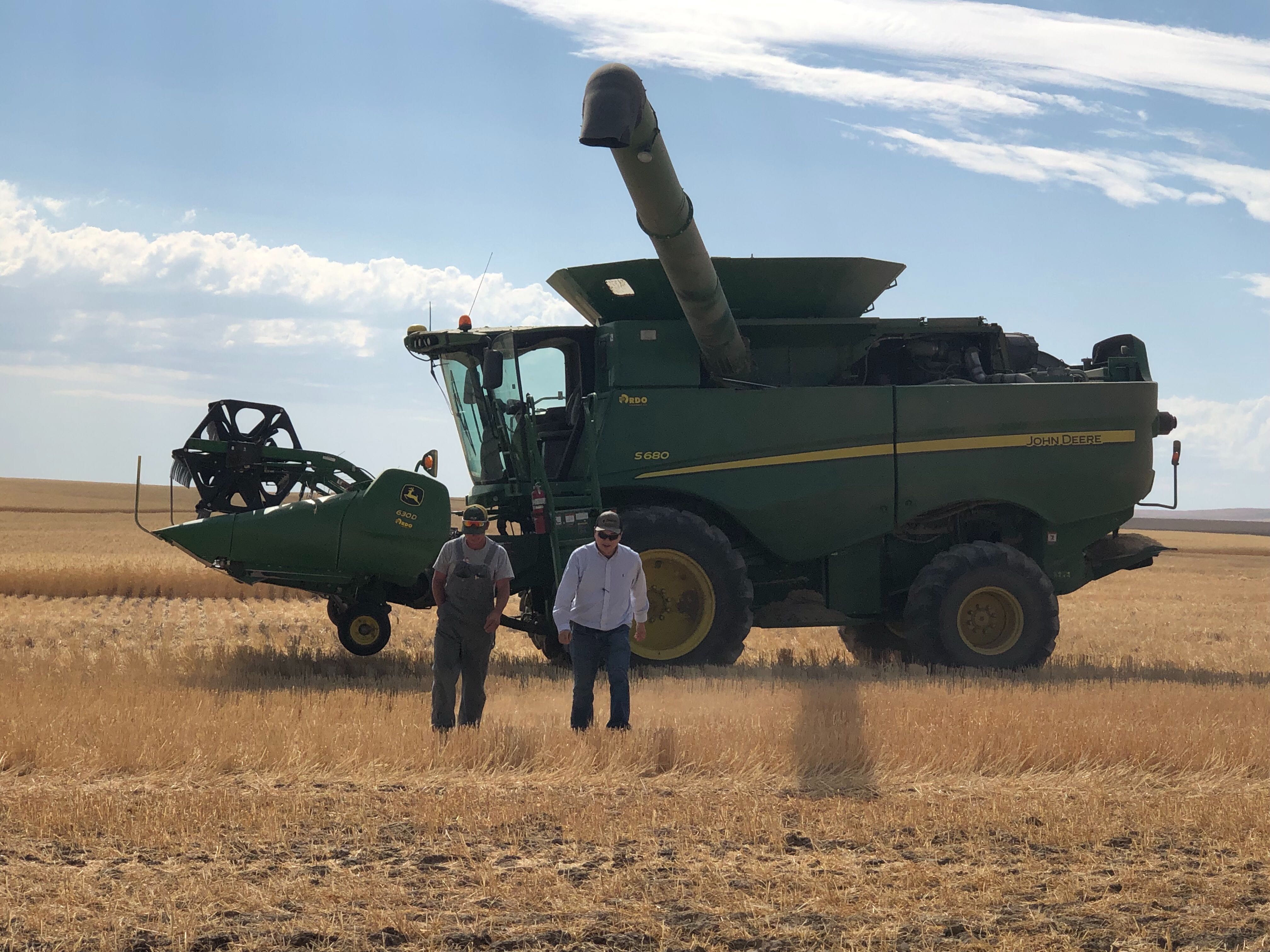 caption: Roger Hsieh and Daniel Berg walk toward a pickup truck in the Horse Heave Hills of south central Washington during wheat harvest this year.  