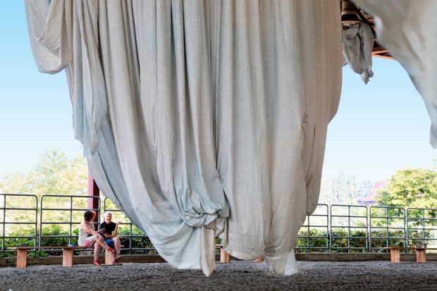caption: <p>Artist Anne Hamilton, onsite during installation of habitus, at Centennial Mills, for Converge 45.</p>