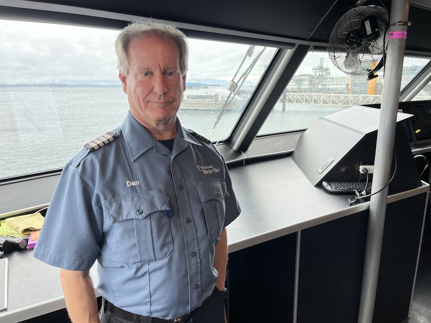 caption: Captain Dan Krehbiel aboard the MV Doc Maynard on Saturday, November 4, 2023. Krehbiel intercepted a runaway barge on Thursday that was headed straight for downtown Seattle.
