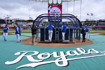 caption: The Kansas City Royals take batting practice before their opening day game against the Cleveland Guardians on Thursday in Kansas City, Mo.