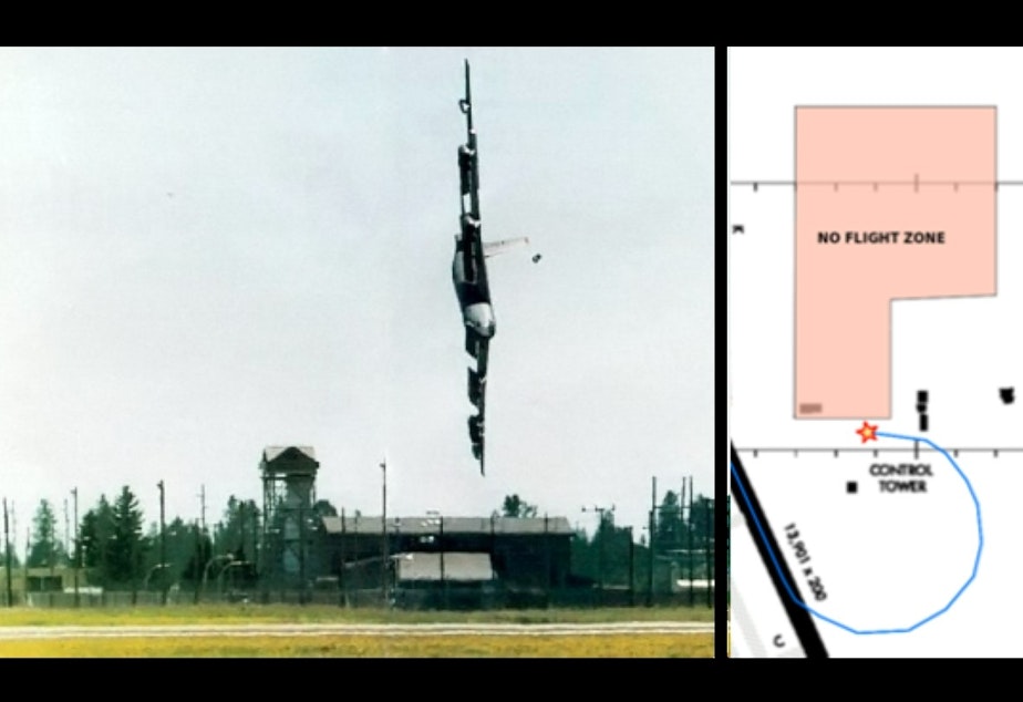 caption: A Boeing B-52 before its crash 50 feet away from a nuclear weapons storage bunker near Spokane, Wash. in 1994. A map to the right depicts the crash zone (star) and the bunker (no flight zone). 