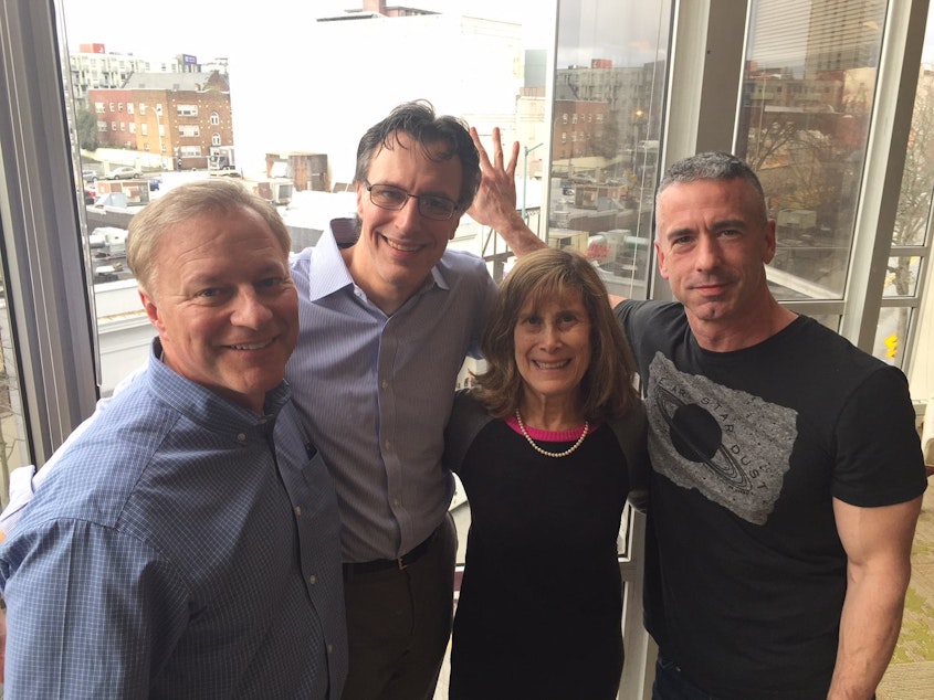 caption: L-R: John Carlson, Bill Radke, Joni Balter, Dan Savage