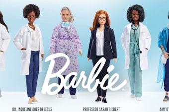 caption: New Barbies honor six women in health care who have been on the front lines in the fight against COVID-19.