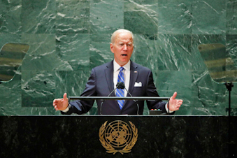 caption: President Joe Biden speaks during the 76th Session of the United Nations General Assembly at U.N. headquarters in New York on Tuesday, Sept. 21, 2021. 