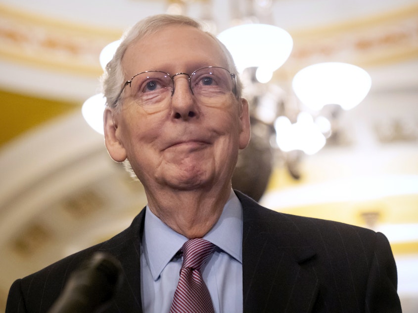 caption: Senate Minority Leader Mitch McConnell of Kentucky speaks during a press availability on Capitol Hill, Feb. 27, 2024, in Washington.