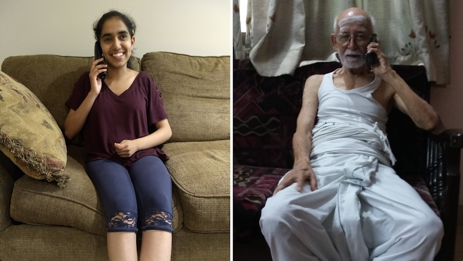 caption: Medha Kumar (left) calls her grandfather on the phone (right).