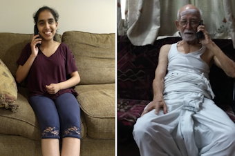 caption: Medha Kumar (left) calls her grandfather on the phone (right).
