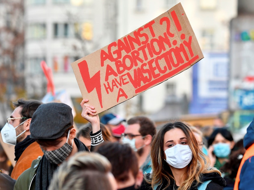 caption: A demonstrator in Berlin in 2020 holds up a placard reading "Against Abortion?! Have a Vasectomy" during a protest against Poland's near-total ban on abortion.