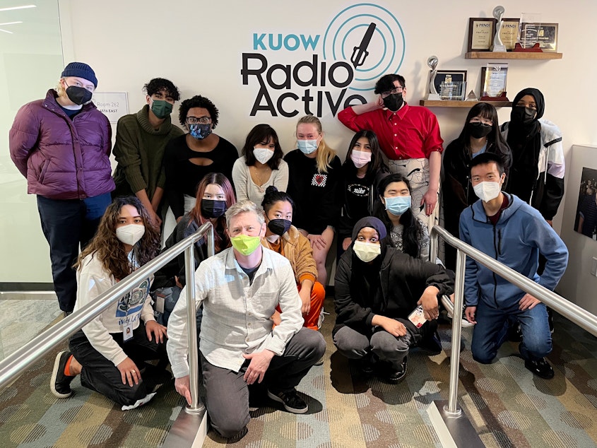 caption: The 2022 Advanced Producers Workshop group at KUOW on May 7, 2022.