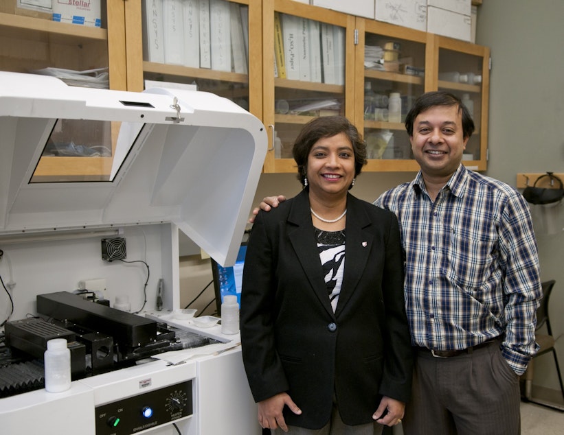 caption: Amit Bandyopadhyay (right) and his wife, Susmita Bose (left) are pioneers in the world of 3-D printed biomedical devices. 