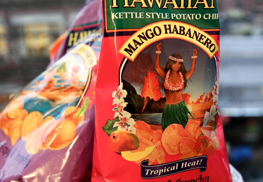 caption: Aloha? No, sorry, that was Algona. This bag of Hawaiian Snacks potato chips was not, it turns out, made with any input from paradise, but was produced in a damp Seattle exurb. 
