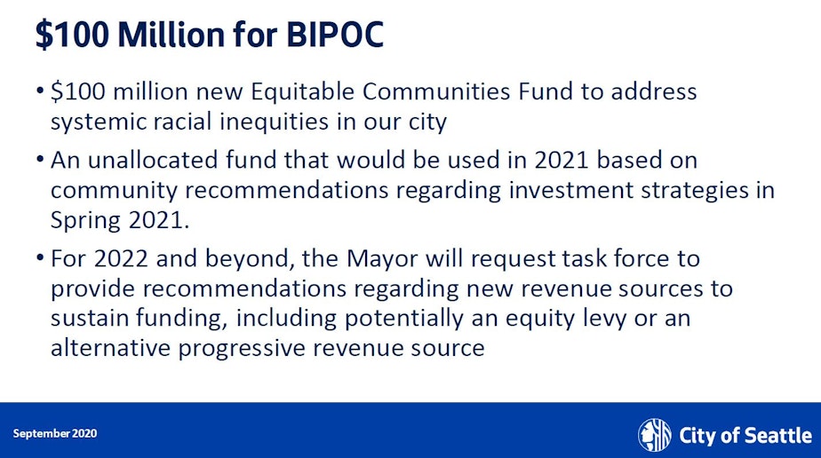 caption: A slide from Mayor Jenny Durkan's presentation on her proposed 2021 budget. 