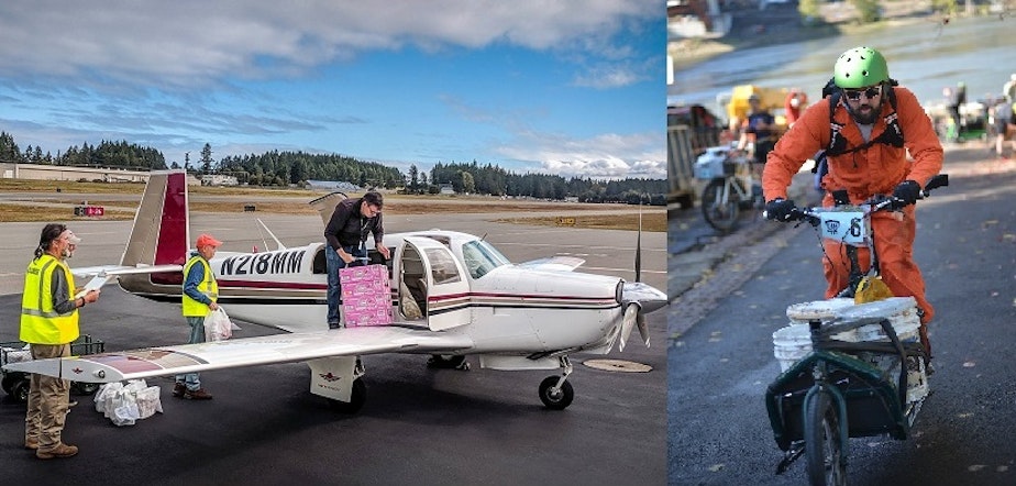 caption: Private pilots and cyclists will separately take to the air and the streets this month to practice delivering relief supplies after a catastrophic earthquake.