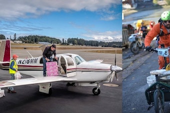 caption: Private pilots and cyclists will separately take to the air and the streets this month to practice delivering relief supplies after a catastrophic earthquake.