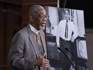 caption: Rep. Bobby Rush, D-Ill., seen here in 2020 speaking about his Emmett Till Antilynching Act, is set to retire from Congress after 15 terms.