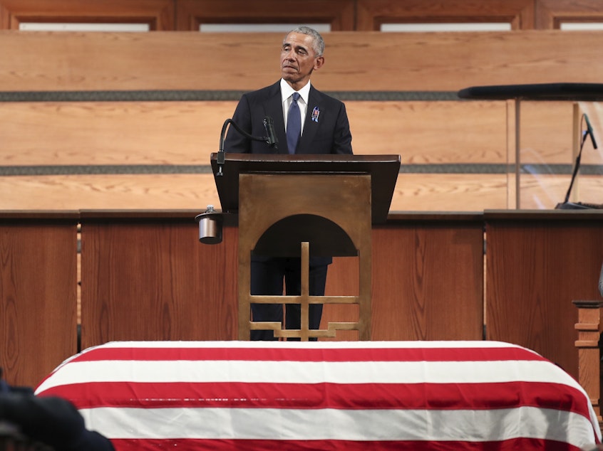 caption: Former President Barack Obama gives the eulogy at the funeral service for Rep. John Lewis at Ebenezer Baptist Church in Atlanta. Lewis, a civil rights icon and fierce advocate of voting rights for African Americans, died on July 17 at the age of 80.