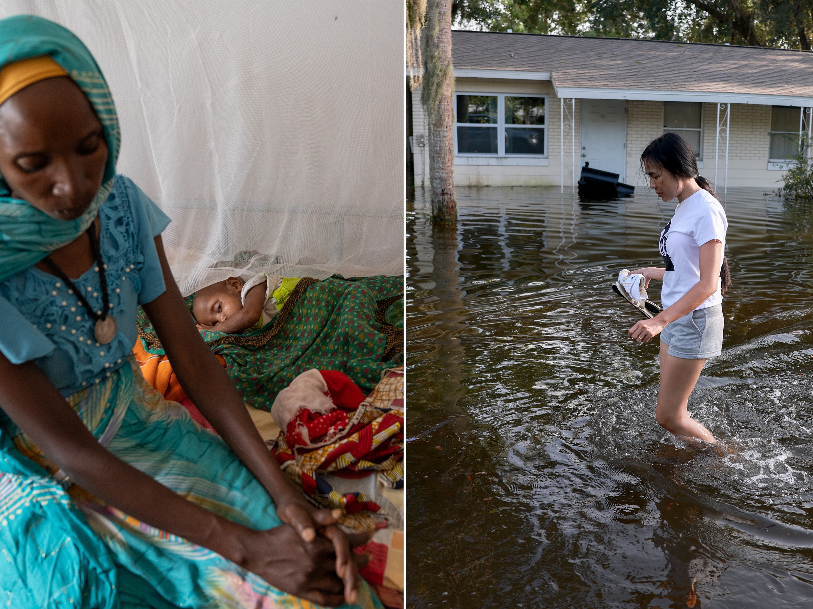 caption: Left: A woman in Chad has spent 13 days at a malnutrition clinic seeking treatment for her 15-month-old child. Right: Flooding in the aftermath of Hurricane Helene in Florida.
