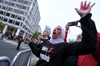 caption: A demonstrator with red paint on their hand and face is seen behind a police barricade during a pro-Palestinian protest over the Israel-Hamas war at the White House Correspondents' Association Dinner, Saturday April 27, 2024, in Washington.