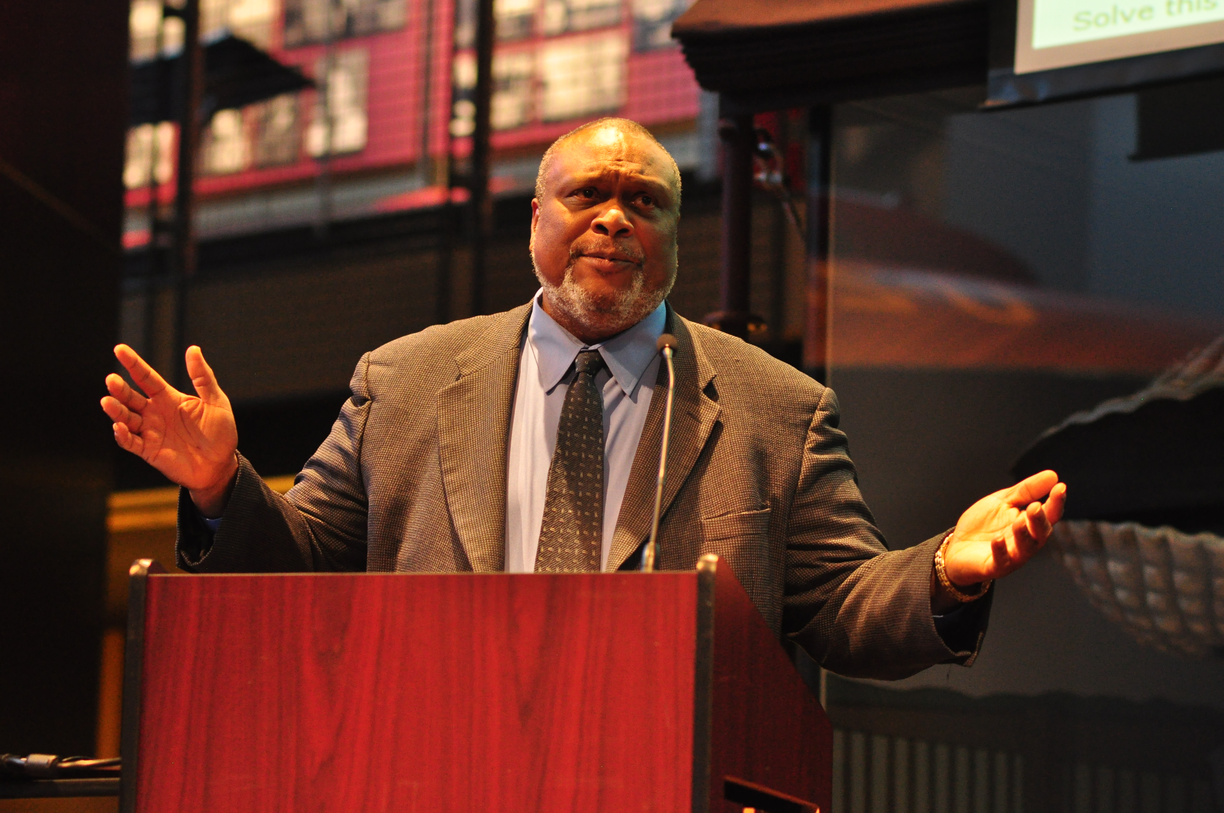 caption: Dr. Quintard Taylor giving the 2016 Denny Lecture at the Museum of History and Industry, Seattle, Washington on Tuesday, March 29, 2016.