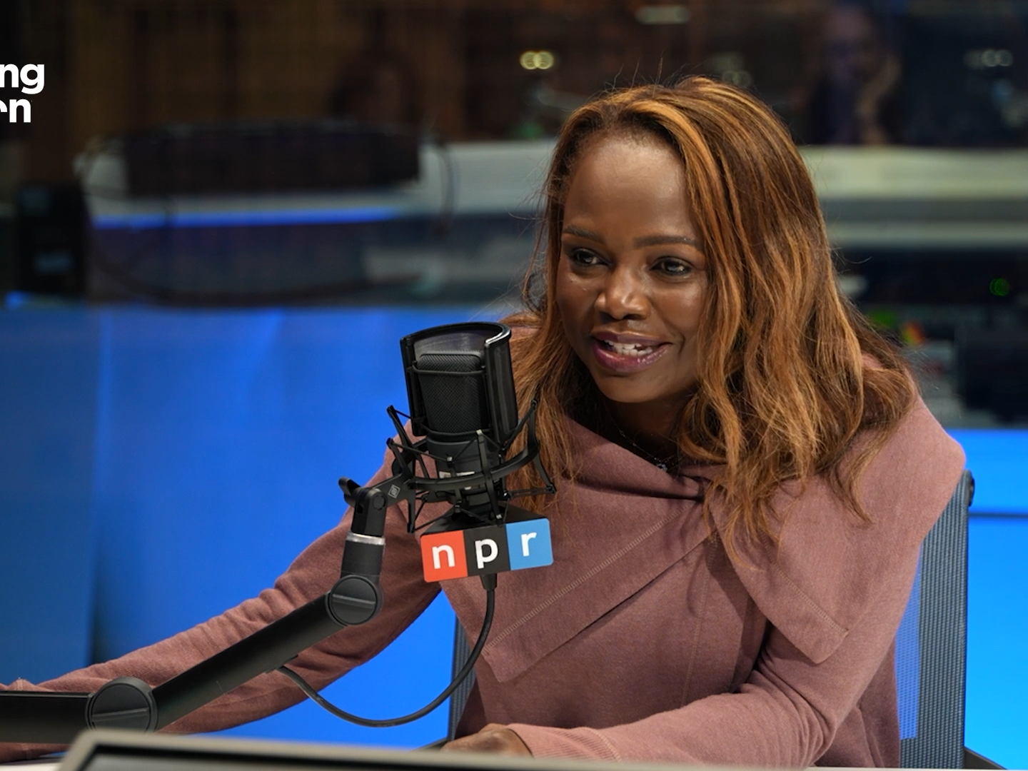 caption: Karine Jean-Pierre gives an interview on her new book "Independent: A Look Inside a Broken White House, Outside the Party Lines".