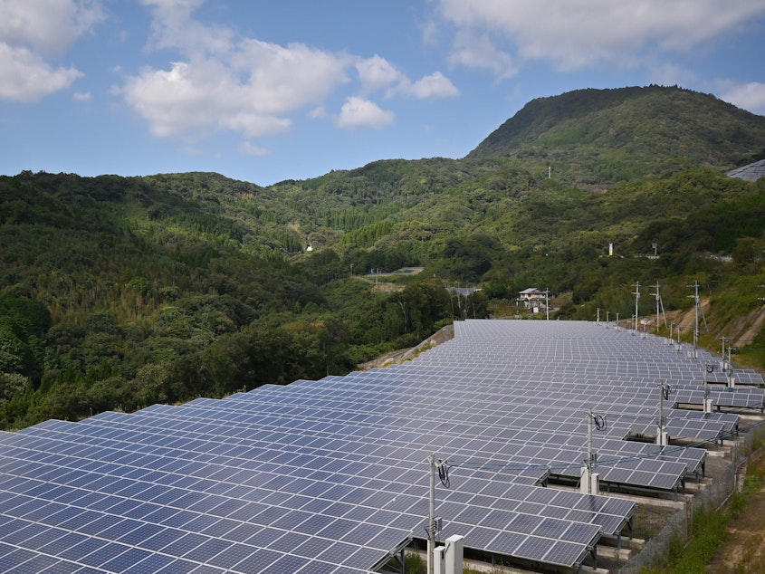 caption: Japan plans to ramp up its use of solar panels, such as these shown in Yufu, Oita prefecture in 2019.
