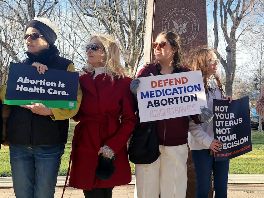 caption: Abortion rights advocates gather in front of the J. Marvin Jones Federal Building and Courthouse in Amarillo, Texas, on Wednesday. U.S. abortion opponents are hoping to get a national ban on a widely used abortion pill through their lawsuit against the FDA.