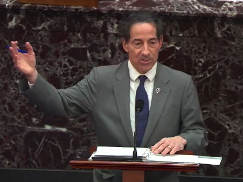 caption: Rep. Jamie Raskin, D-Md., the lead house impeachment manager, speaks in the Senate on Wednesday. He argued former President Donald Trump incited the Jan. 6 attack on the U.S. Capitol and that his words are not protected by the First Amendment.