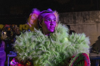 caption: Joyce Cecília, 27, member of the Brilhetes all-women bate-bola crew after the group's first carnival outing in Anchieta, Rio de Janeiro on February 09, 2023.