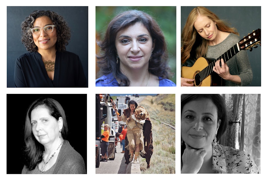 caption: Clockwise from upper left: Claudia Castro Luna, Lena Khalaf Tuffaha, Hilary Field, Deema Shehabi, Jackie Andrew, and Cindy Williams Gutiérrez.