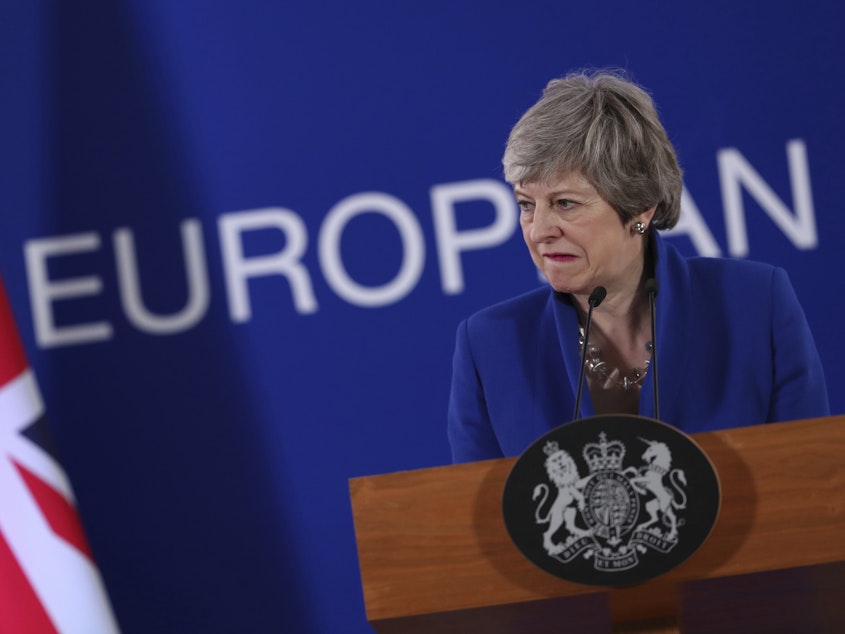 caption: British Prime Minister Theresa May speaks at a news conference at the conclusion of the EU summit in Brussels.