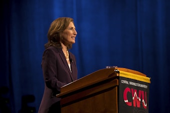 caption: Kim Schrier debates opponent Dino Rossi last fall at Central Washington University's campus in Ellensburg. She won the 8th Congressional District race. 