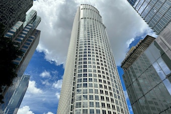 caption: The 777 Tower in downtown Los Angeles' financial district is one of two buildings that Brookfield, the city's largest office owner, defaulted on this year.