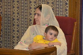 caption: Assemblywoman Mahjabeen Sheran on the day she brought her 8-month-old son to a session in Pakistan's Balochistan province. The secretary of the assembly said babies were against the rules.