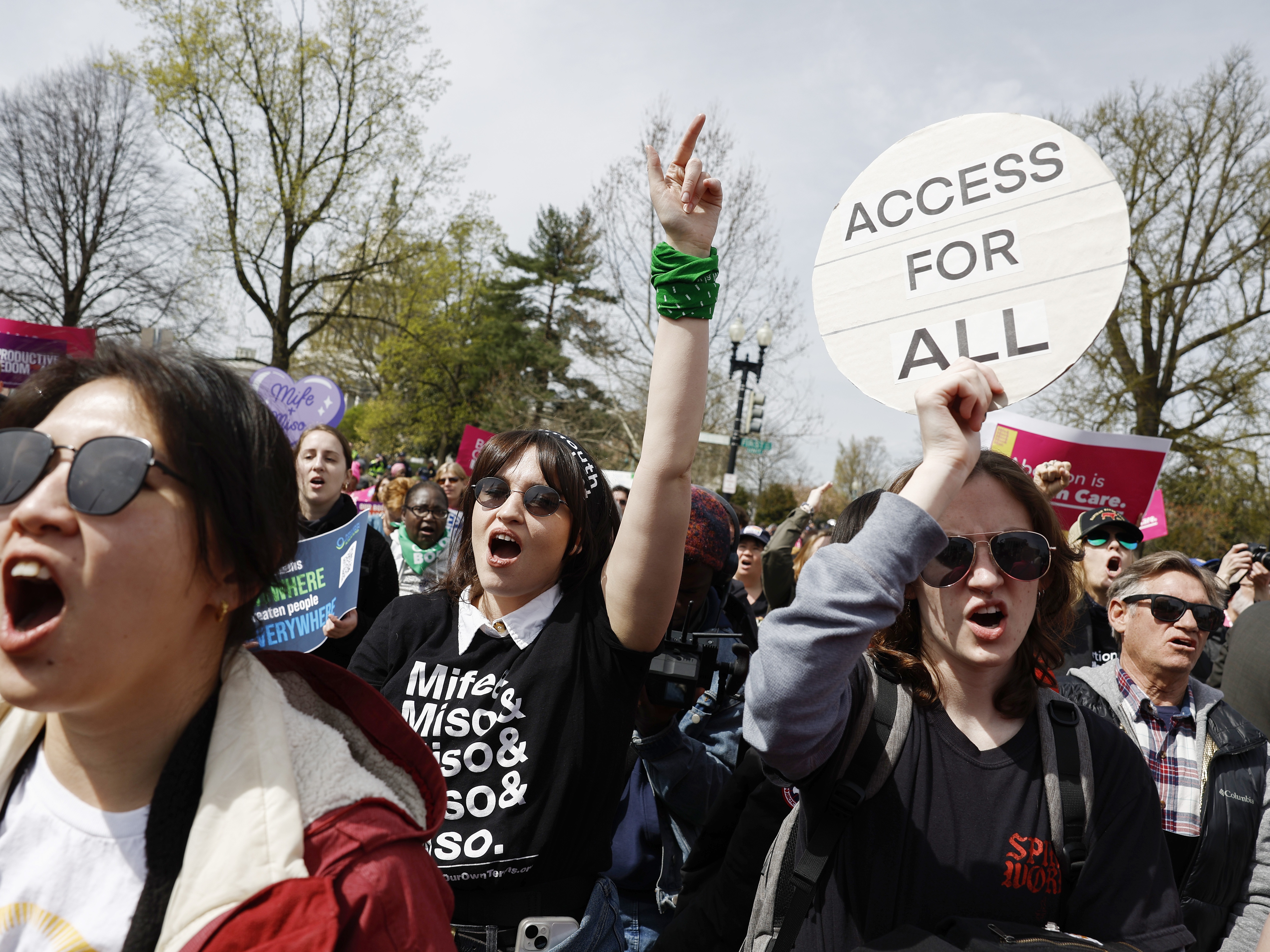 caption: Demonstrators hold an abortion-rights rally outside the Supreme Court on March 26 as the justices of the court heard oral arguments in<em> Food and Drug Administration v. Alliance for Hippocratic Medicine</em>.