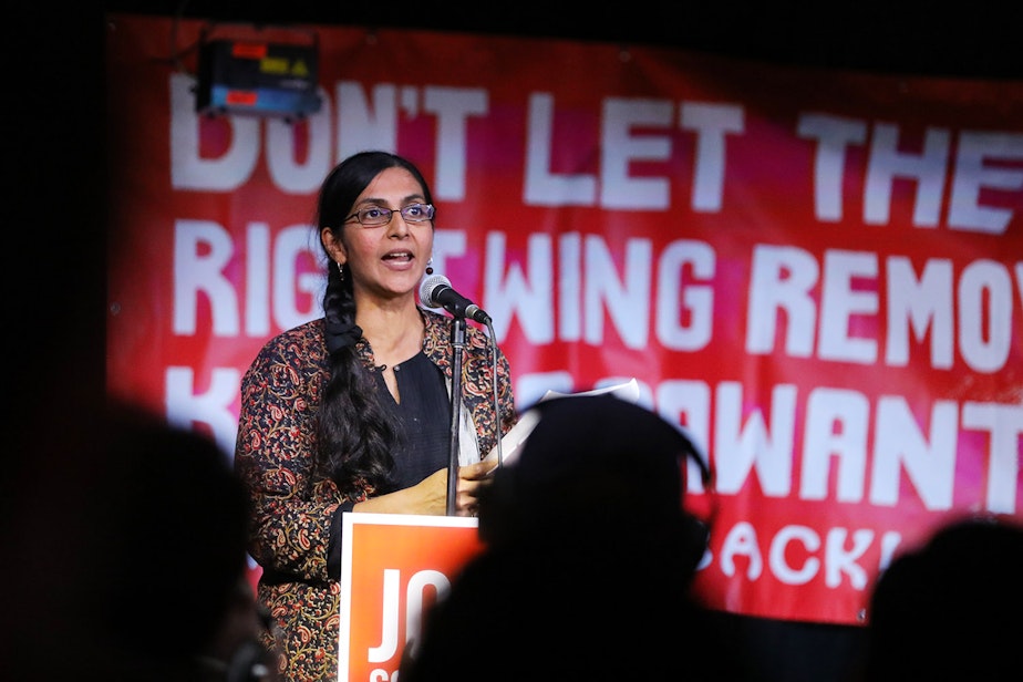 caption: Kshama Sawant speaks at Chop Suey on Capitol Hill in Seattle on the night of the vote to recall her from her city council seat, December 7, 2021.