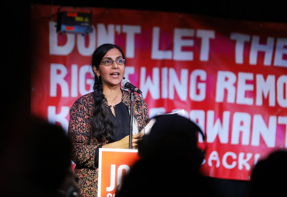 caption: Kshama Sawant speaks at Chop Suey on Capitol Hill in Seattle on the night of the vote to recall her from her city council seat, December 7, 2021.