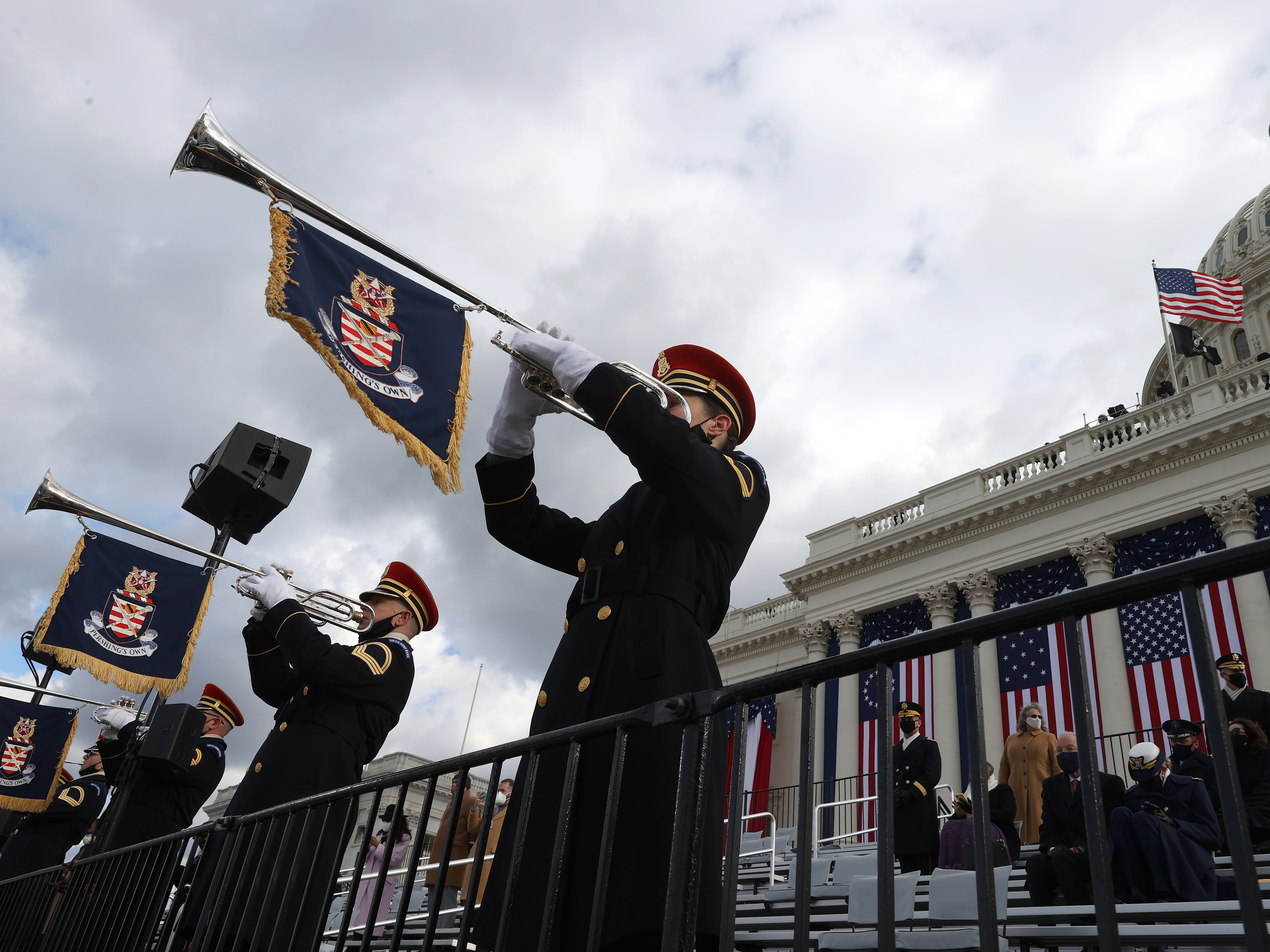 caption: The U.S. Army Band "Pershing's Own" plays during the inauguration of Joe Biden as president of the United States, on the West Front of the U.S. Capitol on Wednesday.