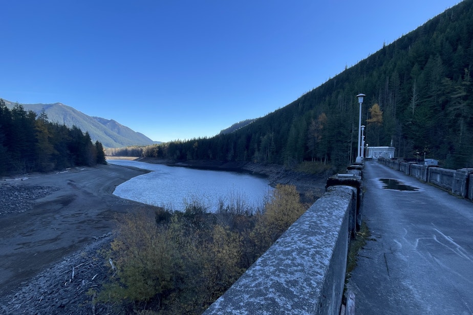 caption: Masonry Dam and Chester Morse Lake on the Cedar River on Nov. 17, 2023