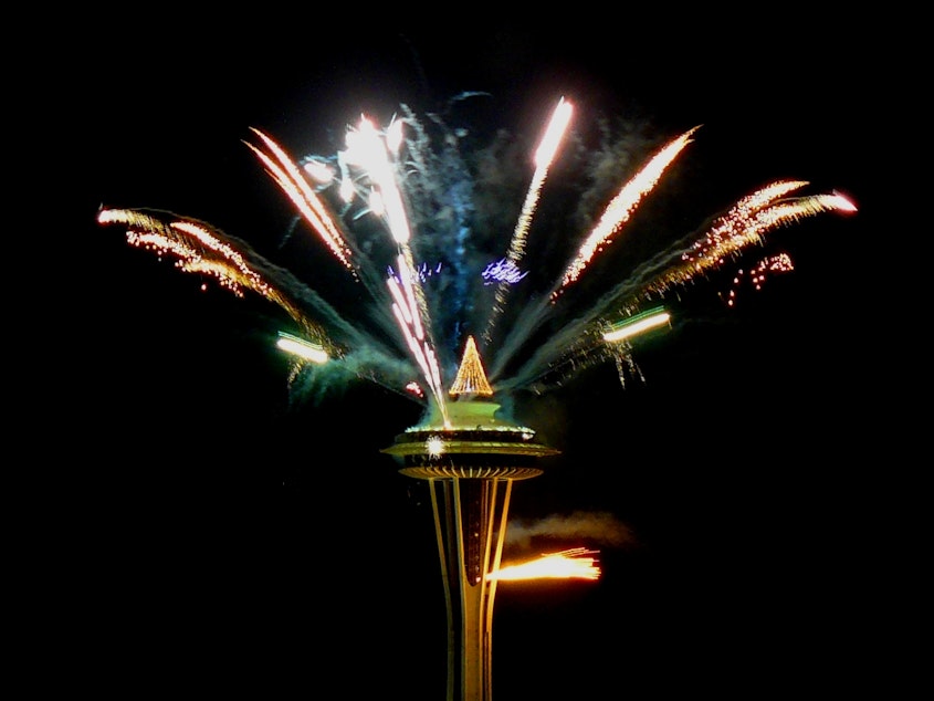 caption: New Year's fireworks at the Space Needle.