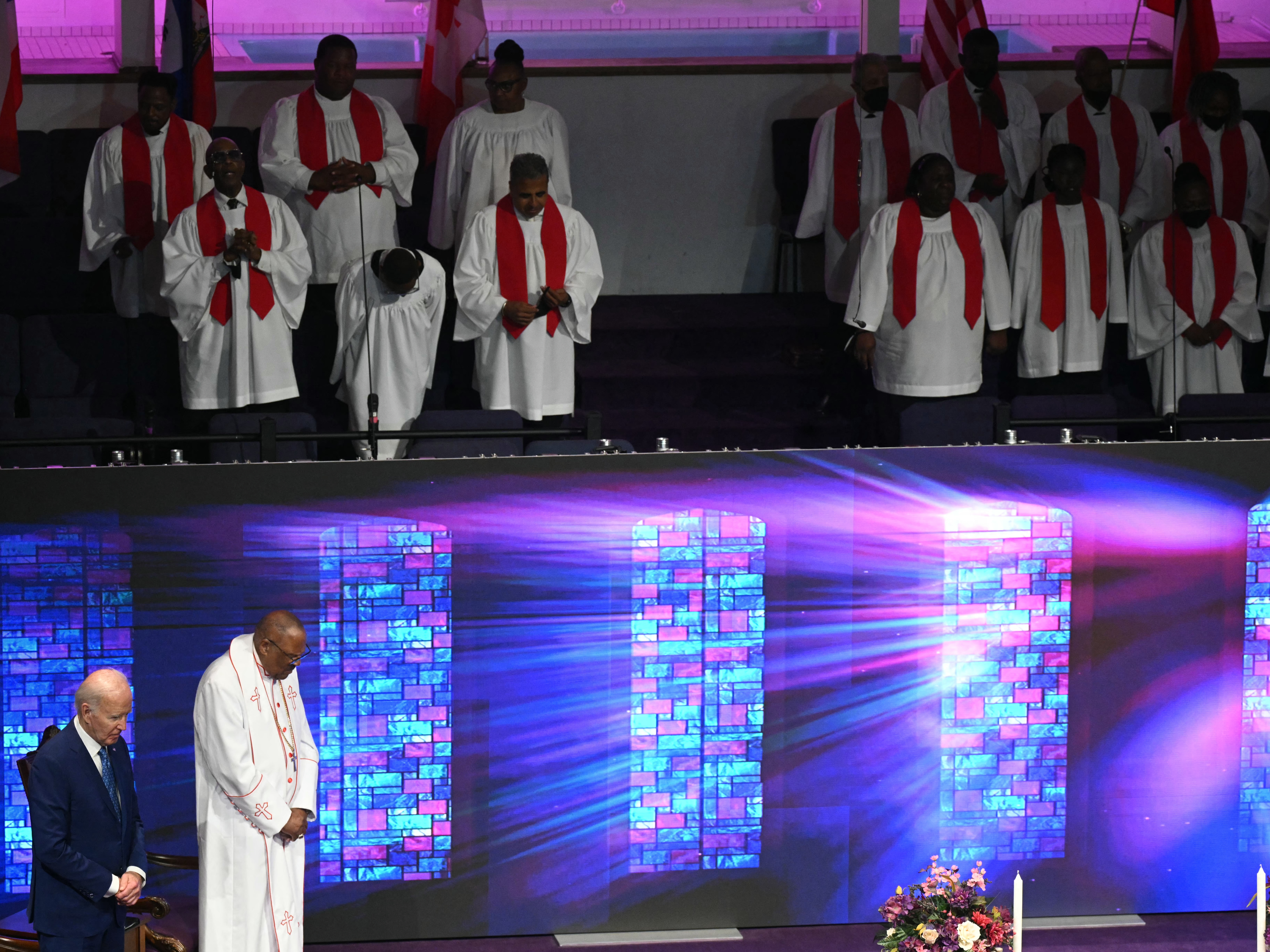 caption: President Biden attends Mount Airy Church of God in Christ in Philadelphia on July 7 as he campaigns to salvage his reelection bid. Senior Democrats are meeting to talk about the race.