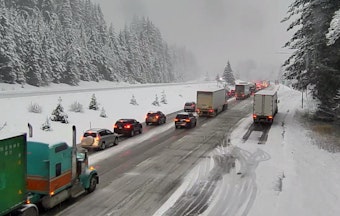 caption: I-5 over Snoqualmie pass, Monday, Jan. 8, 2023. Severe winter weather prompted a closure of the freeway due to multiple spinouts and crashes.