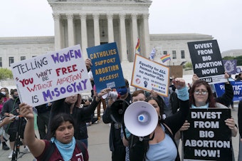 caption: Demonstrators protest outside of the Supreme Court this week.