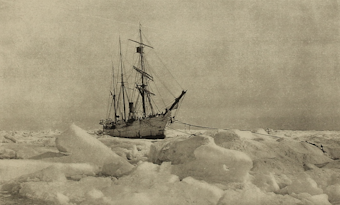 caption: The U.S.S. Bear, a cutter that was dispatched by President McKinley to rescue the Belvedere and other ice-bound whaling ships. The Bear wasn't able to break through the ice to Point Barrow until July 28, 1898. Today, there is no ice.